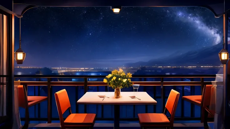 restaurant, balcony, chairs, table, night landscape, stars