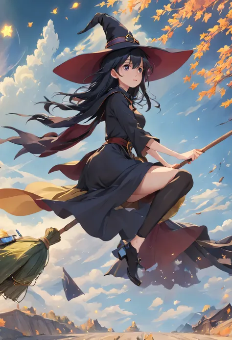 kirisame marisa, (masterpiece, highest quality:1.2),1 girl,perfect face,cute, ((((flying witch))),((Ride a broom)),broom flight,Straddling the broom,anatomically correct,masterpiece,highest quality,最高masterpiece,8K,,Wind,fantasy,,wonderful,, Mysterious, at...