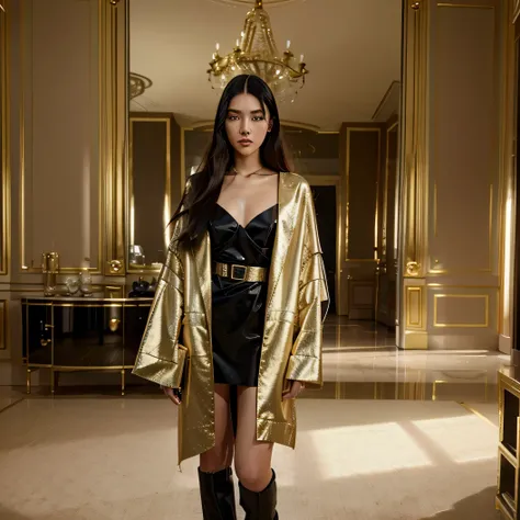 "Generate a modern luxury fashion image featuring a female model in her 20s, inspired by the style of Liu Wen. Emphasize prominent clothing brands in the outfit and showcase the model standing in an opulent home setting. Ensure the overall aesthetic is sle...