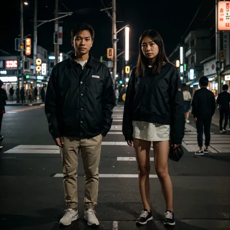 man and girl indonesian face 30 years old, wearing a casual outfit, standing under the streetlight, 8k realistic photo, blur background tokyo night vibes, bokeh