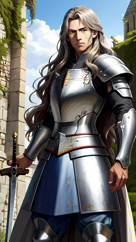 (Best quality, ultra detailed, Realistic:1.37), anime style, long wavy brown hair, Grey eyes, Knight in White Armor, Shield in hand, experienced fencer, medieval setting, Ancient castle, shining sunlight, Lush greenery, majestic stone architecture, teeth, ...