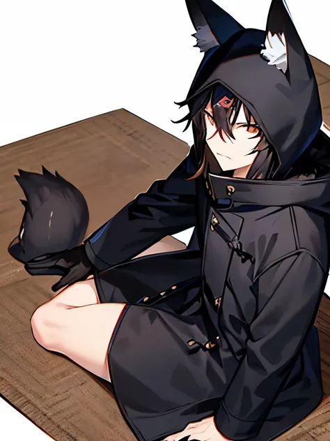 fox mask, black coat, men, sitting on mat, Asian eyes