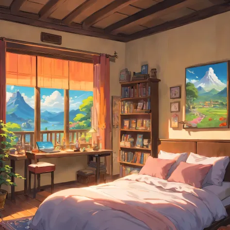 realist, genuine, Beautiful and amazing landscape oil painting, young adult room, messy bed, in books and video games