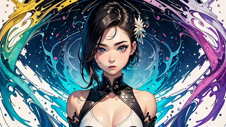 (masterpiece, top quality, best quality, official art, beautiful and aesthetic:1.2), (1girl:1.3, tight crop top leather suit), ((shy and looking at viewert)), (Perfect thick white eyebrows) Delicate fur, 详细s face, extremely detailed,(fractal art:1.2),color...