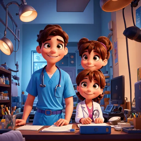 A Disney-style poster showcasing a radiology work scene in a hospital. The image exudes top-quality artistry, featuring a radiantly uniformed radiologist with a white coat and stethoscope around their neck. He or she is intently focused on the monitor, ana...