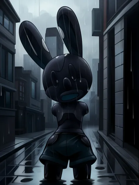 oswald, armless, missing arms, no arms, black eyes, blue shorts, white polka dots on ears, sad expression, open mouth frown, cry...