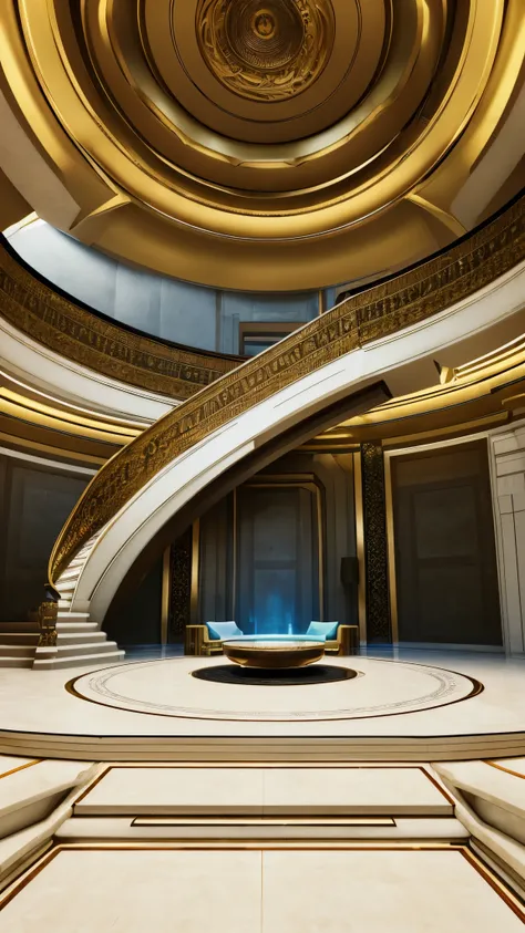 there is a large room with a staircase and a circular staircase, futuristic persian palace, cgsociety unreal engine, exquisitely designed throne room, unreal engine render, unreal engine 5 : :, futuristic palace, rendered in lumion, unreal engine hd render...