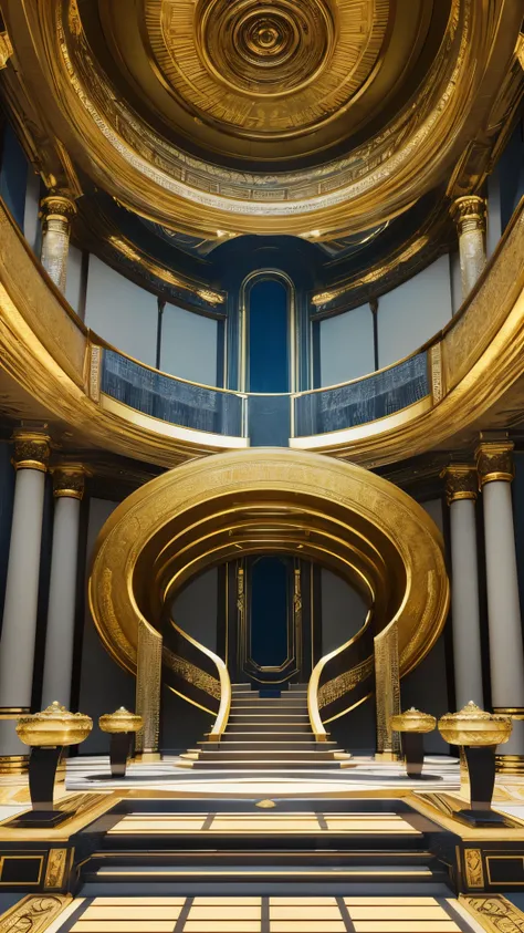 there is a large room with a staircase and a circular staircase, futuristic persian palace, cgsociety unreal engine, exquisitely designed throne room, unreal engine render, unreal engine 5 : :, futuristic palace, rendered in lumion, unreal engine hd render...