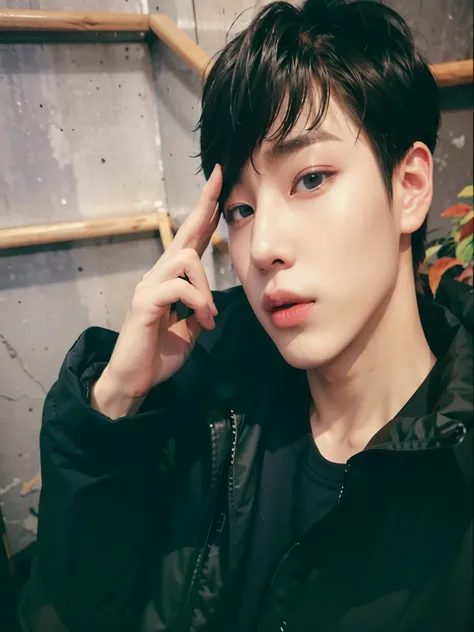 a closeup of a person wearing a black jacket and red lipstick, hyung tae, jungkook, Jinyoung Shin, cai xukun, hong junio hyung, pale korean adorable face, TaeJune Kim, brillante por la lluvia, shin jeongho, sol yunjoo, hyung tae kim, pintar ulzzang, inspir...