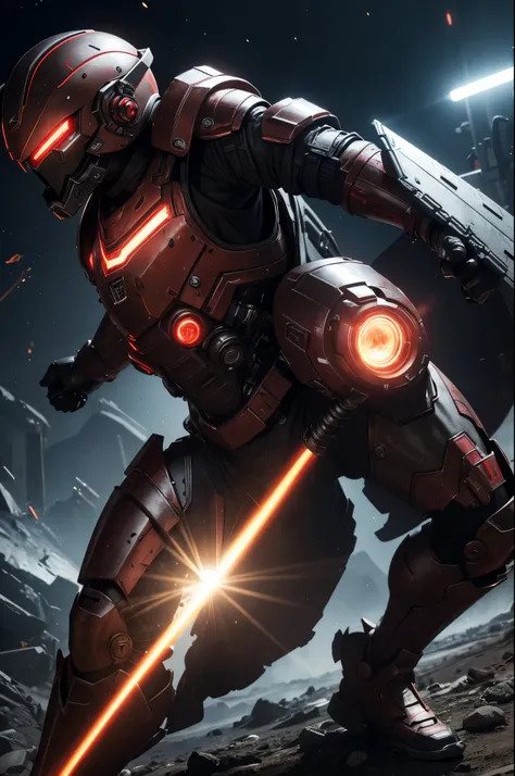 8K,3D,(special effects),Space Detective,red and black combat suit,２Two mono-eyes shine,fighting pose,wasteland,action scene,action pose,masterpiece,Photorealistic RAW photos of the highest quality。bright colors,rich colors, Backlight, cinematic lighting, f...