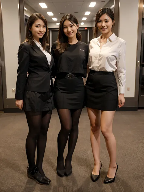 photo image, shots entire body, feet in view, 3 gorgeous Japanese women, skinny bodies, big tits, wearing professional attire, skirts, tights, no shoes, convention center, smiling, posing for picture, standing