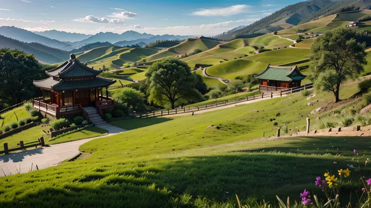 A breathtaking masterpiece of a landscape, with rolling hills, vibrant colors, and a sense of tranquility that can only be found in natures most beautiful creations. china traditional houses exterior china vibes