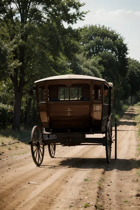 18th century carriage with four horses pulling along dusty dirt road