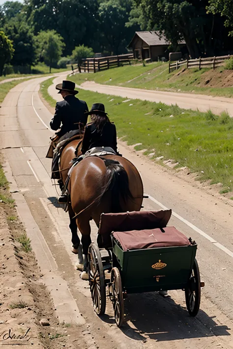 18th century carriage with four horses pulling along dusty dirt road