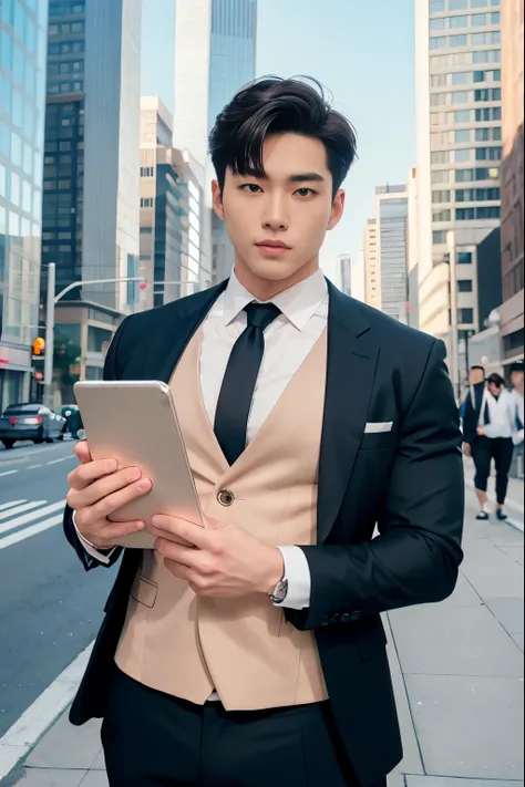 HOMEM COREANO,  PEITO MUSCULAR, bulge ,  athletic physique, smirking, swelling muscular man, no body hair, wearing suit and tie , Realistic, fully suit, nude, perfect , male , business man, using Samsung smart phone, in a downtown street with skyscrapers b...