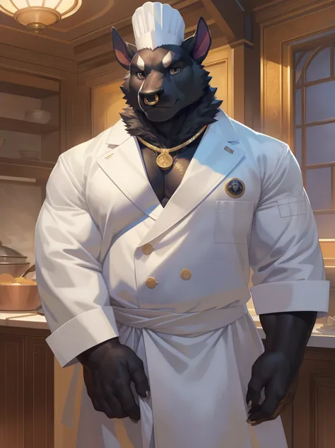 solo,anthro,furry,furry male, ((Bull)), ((fluffy fur,fluffy,furry body)), (Black fur, Bull), (black body), brown eyes, Nose Ring, tails, detailed fluffy fur, chef cooat, detailed face, detailed eyes, short hair, white mohawk, white decorative chef coat,  u...