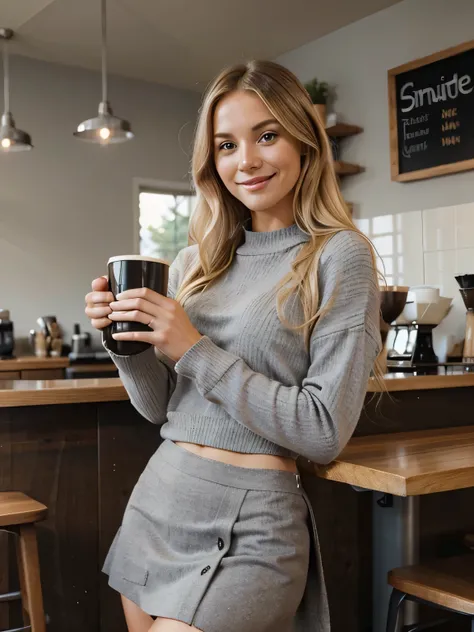 normal photo, pretty hot blonde woman , smile , drinking coffee , in coffee shop, beautiful gray sweater, black skirt,one mug,hot pose