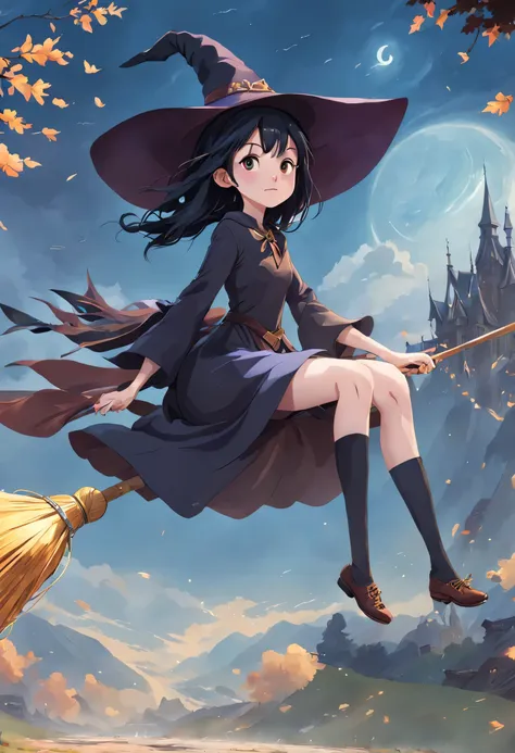 (masterpiece, highest quality:1.2),1 girl,perfect face,cute, ((((flying witch))),((ride a broom)),broom flight,straddling the br...