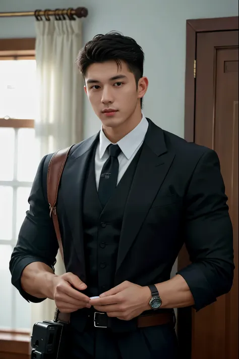 1man, a 25-year-old muscular man, wear the attire of the attorney general , soft lighting, masterpiece, best quality, 8k ultra h...