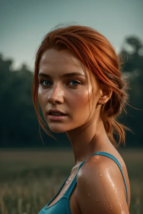 running beautiful orange-haired dark-tanned 18-year-old Caucasian girl, volossal breasted, on a meadow, big dragon, photorealistic, photo, masterpiece, realistic, realism, photorealism, high contrast, trending photorealistic digital art on Artstation 8k HD...