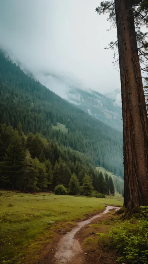 Create a desolate landscape of valley and mountains, shrouded in thick fog, with few rays of sun, with twisted trees and thick trunks, and undergrowth reminiscent of grass and grass, in an ultra-realistic landscape, with dead colors, 4k, cinematic lighting...