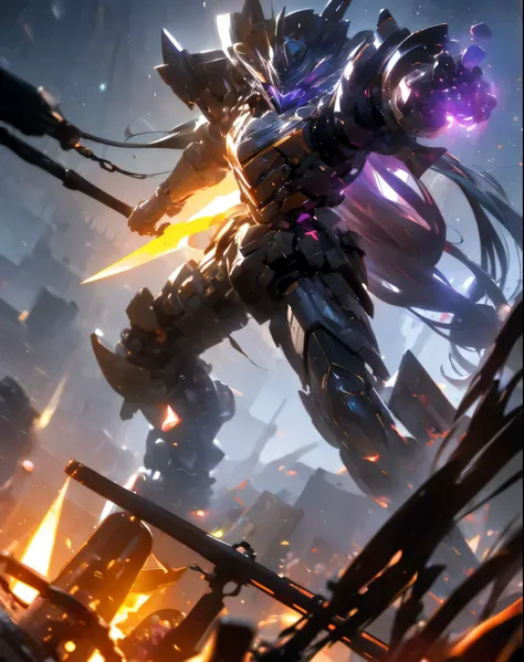 super wide shot, Full body photo of him giving a badass pose, (Masterpiece) ， The best quality， High quality， （futurism：1.1）， （Mech with a sword,  Hellish,  Silver and purple， 电影灯光， （Exquisite future），Dark and beautiful， Ultra detailed， great composition， ...