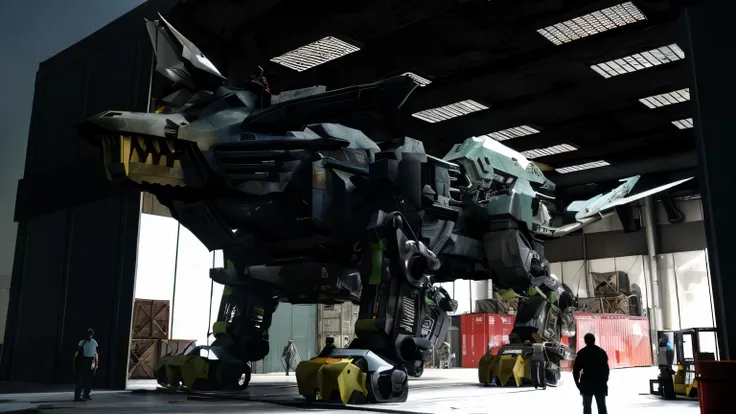 there is a giant robot that is in a hangar building with people, (Zoids), Photo realistic, photo real, hyperrealistic, hyper real, giant mech, good boy giant mecha cat, (well armored mech lion with the cockpit open), big mecha, giant anime mecha, engineers...