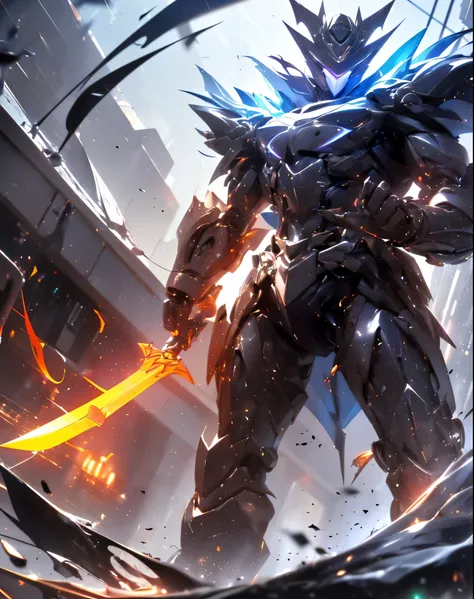 super wide shot, Full body photo of him giving a badass pose, (Masterpiece) ， The best quality， High quality， （futurism：1.1）， （Mech with a sword,  Hellish,  Silver and purple， 电影灯光， （Exquisite future），Dark and beautiful， Ultra detailed， great composition， ...