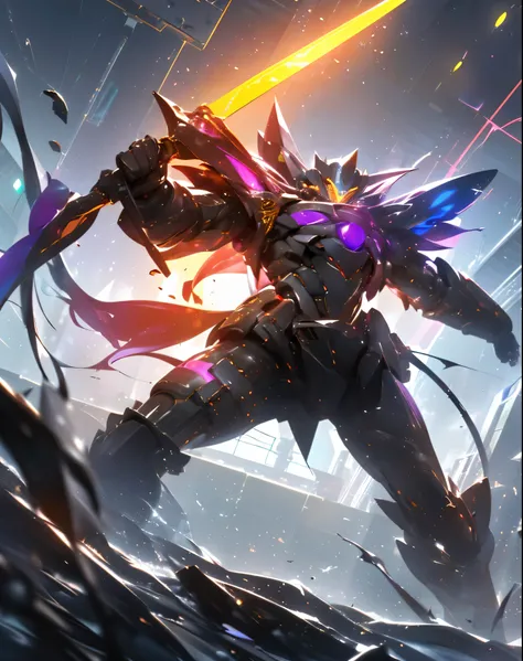 super wide shot, Full body photo of him giving a badass pose, (Masterpiece) ， The best quality， High quality， （futurism：1.1）， （Mech with a sword,  Hellish,  Silver and purple， 电影灯光， （Exquisite future），Dark and beautiful， Ultra detailed， great composition， ...