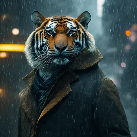 (masterpiece), (best quality), (ultra-detailed), un tigre en manteau de détective, ville de coureur de lame pluvieuse, rain-drenched, streetlight, (dark mood), (vibrant coat), (sleek), (ferocious expression), (eyes gleaming), (caught in action), (dynamic p...