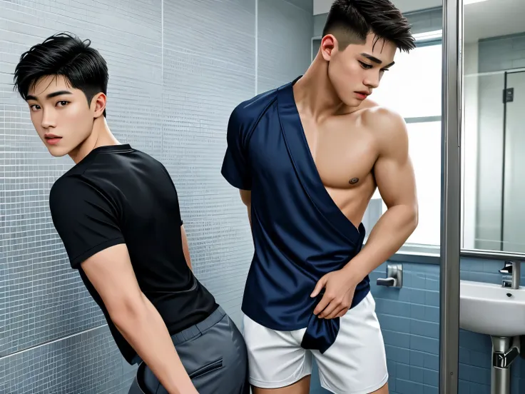 beautiful and young adult men, of different ethnicities, semi naked in a school only for Men, with firm pectorals, schoolboy man in school uniform, shorts and sexy underwear and a sports uniform, in the mens dressing room, a lot of men in the background, i...