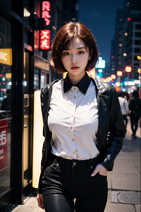 (best quality), a one beautiful asian girl with red short hair, lovely face, big breast, in a black jacket, white shirt, black tie, black pants, walking through the night city, to her left a neon sign that pours pink light on her, looking on the viewer