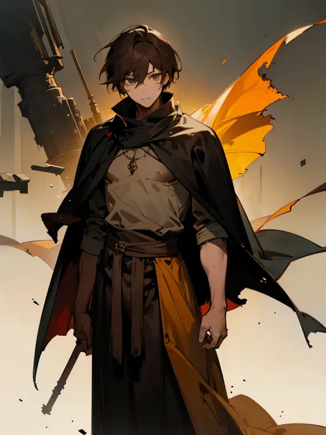 1 guy, brown hair, amber eyes, tall, old tattered clothes, black cape, ancient ruins