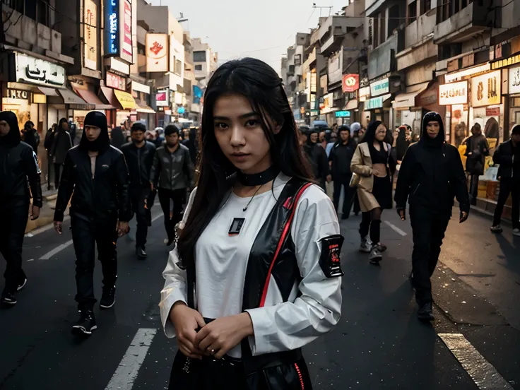 Asian teen model on the street of arabic city in cyberpunk style, androids and drones, neons