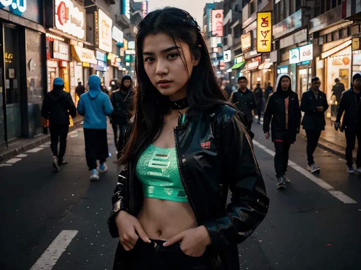 Asian teen model on the street of arabic city in cyberpunk style, androids and drones, neons