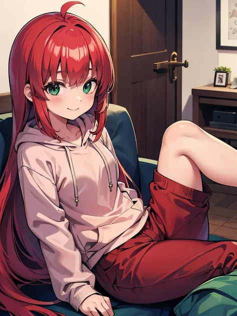 pygmy   gentle expression(smile) red hair(long hair) green eyes clothes(hoodie) pants(half pants)