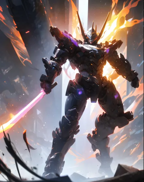 super wide shot, Full body photo of him giving a badass pose, (Masterpiece) ， The best quality， High quality， （futurism：1.1）， （Mech with a sword,  Hellish,  Silver and purple， 电影灯光， （Exquisite future），Dark and beautiful， Ultra detailed， great composition， ...