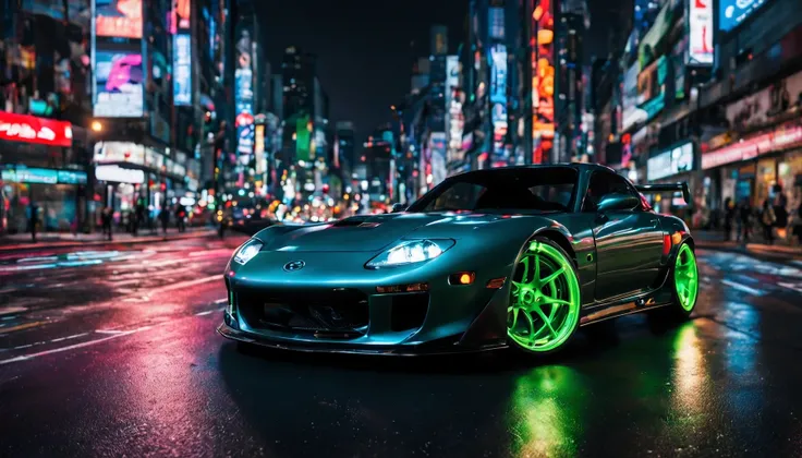 (ultra quality,8K,a high resolution,masterpiece:1.2),ultra detailed,(ultra-realistic,photorealistic,photorealistic:1.37), Mazda RX7 III drives through the streets of Seoul, Korea at night,portraits,landscape,ночной городской landscape,glowing neon lights,b...