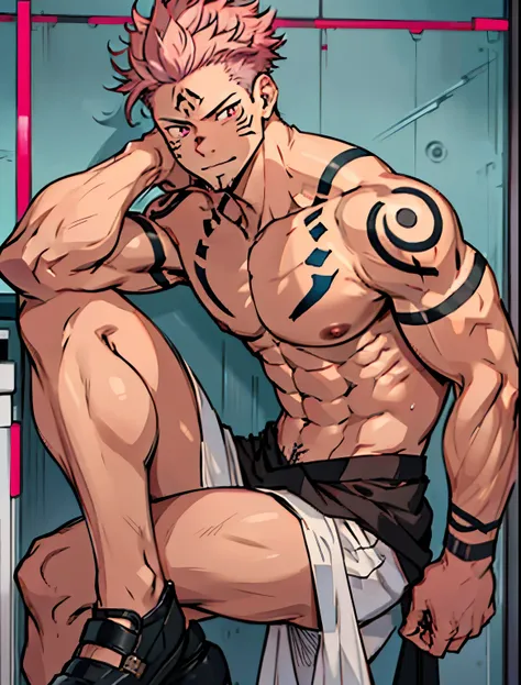 (masterpiece, best quality:1.2), in kitchen, solo, male focus, 1boy, sukuna, tattoo_on_hiace, manly, full body, pink hair, shirtless, ((detailed eyes)), red eyes, eye focus, 8k, intricate details,