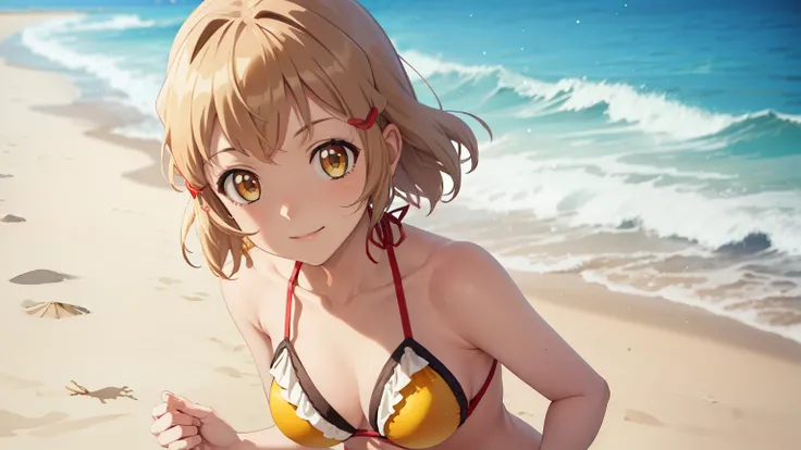 masterpiece, highest quality, look up, looking at the viewer, smile, short hair, blonde, red ribbon in hair, (yellow ruffle bikini:1.2), paleo, beach, extreme close up, super detailed fingers, Ultra detailed hands