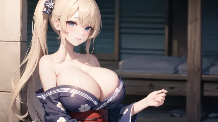 (((masterpiece, best quality))), (((superior quality))), cute girl, ((extremely detailed girl)), ((huge breasts)), (yukata), (bare shoulders), strapless top, slight smile, twin tail blonde