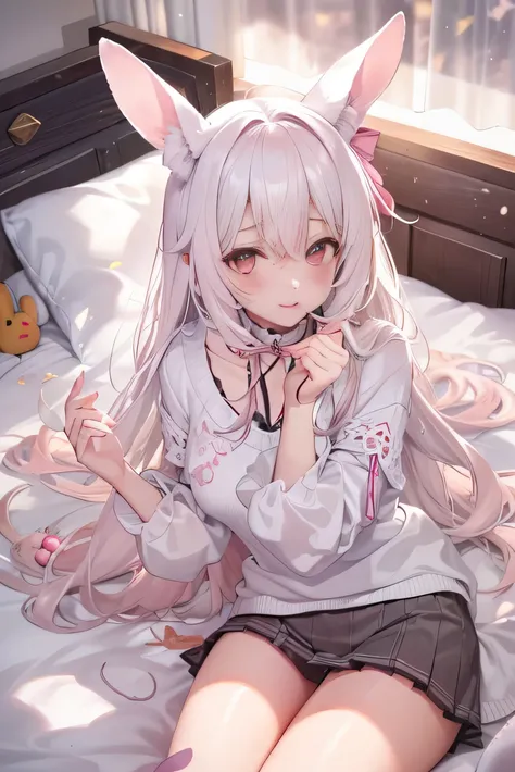 SysPOSE-BED: In the heart of a cozy room, a solo anime girl lies in bed, ensnared in the comfort of her sweater. The quilted fabric clings to her wide hips, casting shadows that highlight the curves of her enticing figure. Her long white hair, adorned with...