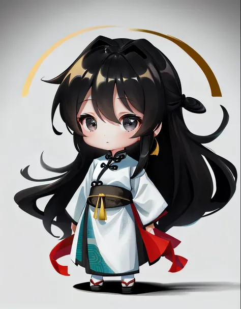 highest quality, masterpiece, High resolution, (1 girl: 1.6), (Little: 1.6), Are standing, Left landscape, (ancient chinese costume: 1.2), long black hair, black eye, white background, simple background