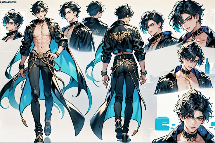 ((Masterpiece, Highest quality)), Male, boy, Detailed face, character design sheet，full body esbian, Full of details, frontal body view, back body view, Highly detailed, Depth, Many parts, Muscle boy with blue hair，handsome man, vampire outfit clothes, Gen...