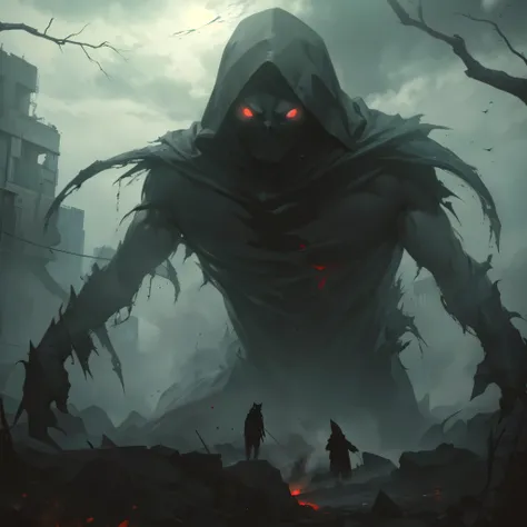 Black human monster figure, black smoke around, gigantic, looking down, red eyes, no face, black hood on head, claws on head, scary looking, horror