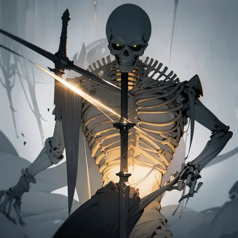 In a dark and mysterious scene, centered around the theme of "Esqueleto clavandose una espada en el cullo" (A skeleton impaling itself with a sword in the neck), I envision a hauntingly beautiful artwork that captures the following elements:

Skeleton: A d...