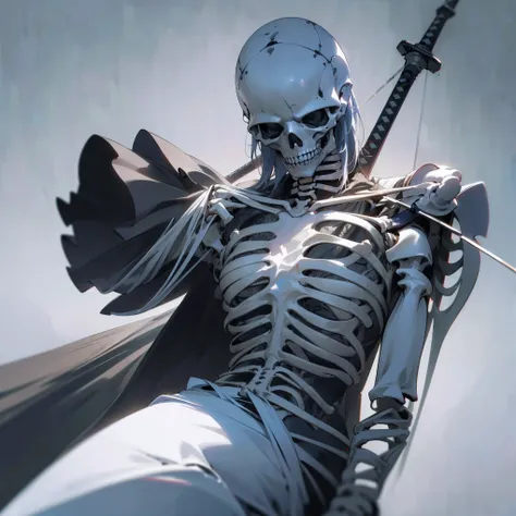 (best quality,highres,masterpiece:1.2),ultra-detailed,(realistic,photorealistic,photo-realistic:1.37),skeleton impaling itself with a sword in the neck, ethereal lights