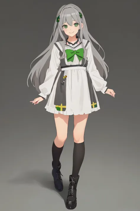 Chica anime, ((Masterpiece), top-quality, Top image quality, full body, ((((solo)))), ((((gray hair)))), long hair, Beautiful green eyes, Shining eyes, dye ones cheeks red, smile, teens girl, 18yo, cute, 8k