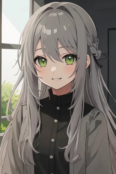 Chica anime, ((Masterpiece), top-quality, Top image quality, ((((solo)))), ((((gray hair)))), long hair, Beautiful green eyes, Shining eyes, dye ones cheeks red, smile, teens girl, 18yo, cute, 8k