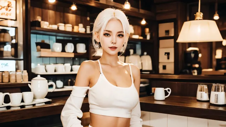 Woman, Sexy, White hair, In cofee shop, Coffeing, Lofi, Comfy, High details, High resolution, 4K